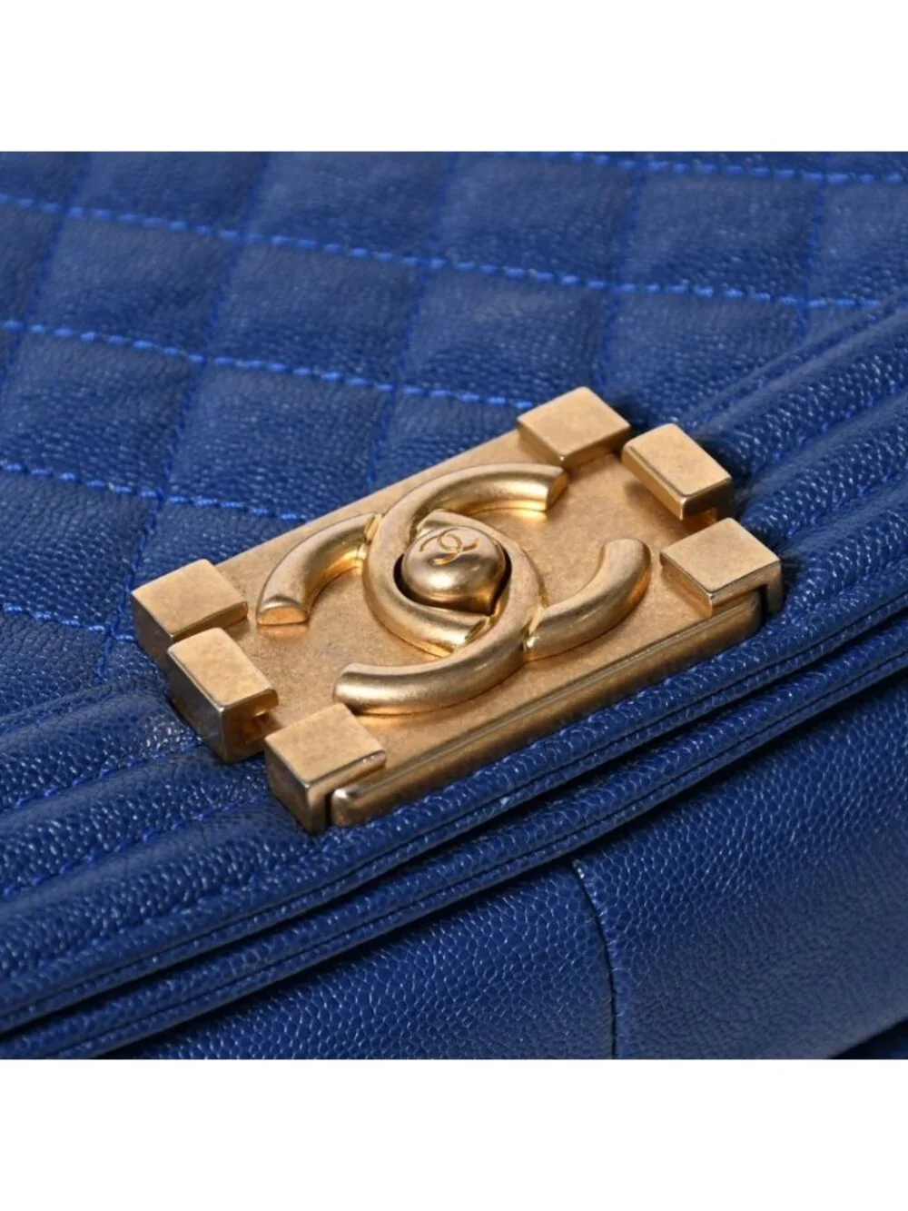 Chanel Boy Chain Shoulder Bag Blue Caviar Leather Gold
